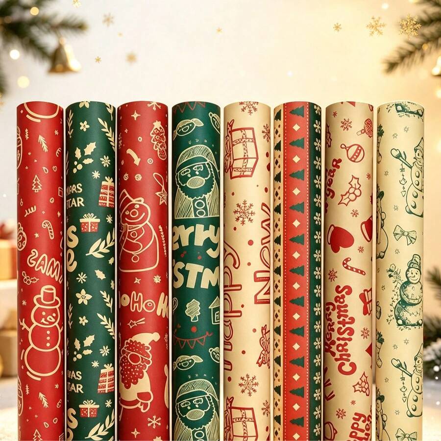 34/68/106pcs Christmas Gift Wrapping Paper(Includes Stickers), Cute Santa Claus Christmas Hat Christmas Snowman Wrapping Paper,Various Patterns - Style E - View 1