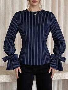Elegant Women's Round Neck Striped Blouse, Bow Design Bell Sleeves, Polyester Fabric, Suitable For Spring And Autumn Seasons, Elegant Office And Casual Fashion Style - Blue - View 6