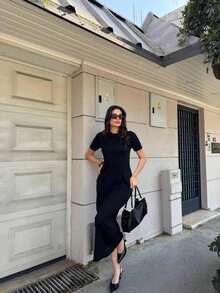 Women's Ribbed Half Sleeve Diamond Dress - Black - View 2
