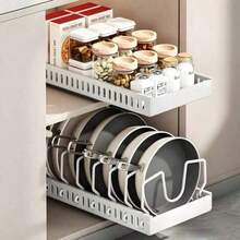 1pc Pull-Out Kitchen Cabinet Pot & Pan Rack With Sliding Lid Rack And Pot Rack For Storing Lids, Baking Utensils And Cookware - White - View 3