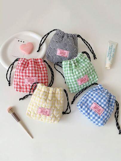 1pc Cute Korean Style Quilted Heart Drawstring Storage Bag, CCD Camera Pouch, Lipstick Bag, Makeup Brush Organizer, Girls Skincare Bag, Sundries Bag, Toiletry Bag, Travel Bag, Room Decor