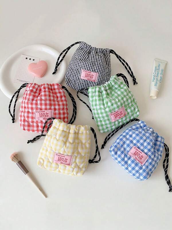 1pc Cute Korean Style Quilted Heart Drawstring Storage Bag, CCD Camera Pouch, Lipstick Bag, Makeup Brush Organizer, Girls Skincare Bag, Sundries Bag, Toiletry Bag, Travel Bag, Room Decor
