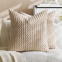 1/2pcs Light Camel Bohemian Striped Throw Pillow Covers (Pillow Insert Not Included), Soft Plush Corduroy Solid Color Decorative Square Pillow Covers, Suitable For Holidays, Sofa, Bedroom, Bed, All Seasons - Camel - View 19