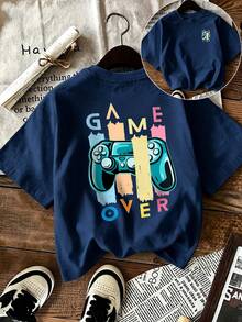 تي شيرت فضفاض للأولاد بنمط "GAME OVER" ووحدة تحكم الألعاب، توب صيفي بأسلوب الشارع للأطفال اللاعبين - أزرق بحري - مشاهدة 2
