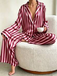 2pcs/Set Women's All-Season Vertical Striped Satin Pajama Set, Deep V-Neck Lapel Long Sleeve Loose Wide Leg Loungewear Set - Hot Pink - View 1