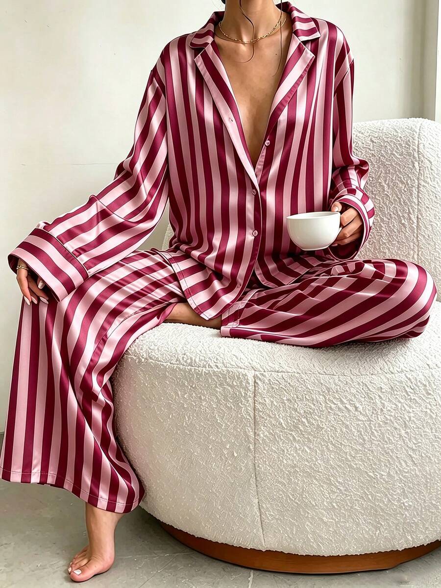 2pcs/Set Women's All-Season Vertical Striped Satin Pajama Set, Deep V-Neck Lapel Long Sleeve Loose Wide Leg Loungewear Set - Hot Pink - View 1