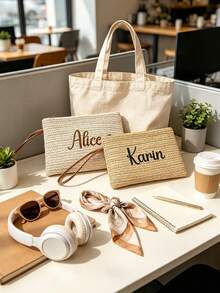 1pc Personalized Straw Handbag, Customized Bohemian Style Zipper Storage Bag With Wrist Strap And Zipper, Bridesmaid Makeup Bag, Summer Beach Vacation Clutch - Multicolor - View 5