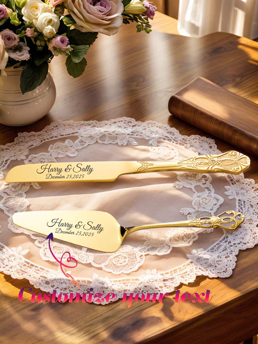 Customized Text Logo Wedding Cake Knife And Server Set, Mr. And Mrs. Gift Set, For Wedding, Engagement, Birthday, Anniversary, Graduation, Bachelor Party, Wedding Souvenir, Thanksgiving, Christmas Gift - Multicolor - View 1