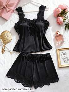 2pcs Set Pakaian Tidur Wanita Seksi Berenda dengan Blus Berkerut dan Celana Dalam Berenda, Pakaian Dalam Nyaman - Hitam - View 2