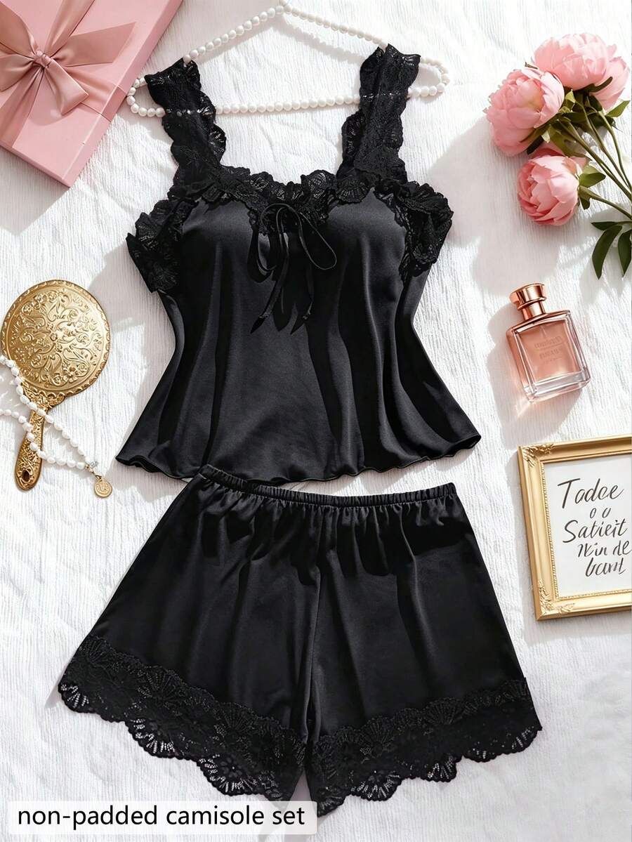 2pcs Set Pakaian Tidur Wanita Seksi Berenda dengan Blus Berkerut dan Celana Dalam Berenda, Pakaian Dalam Nyaman