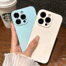 Minimalist Fashion Solid Color Liquid Silicone Phone Case For IPhone18 15 14 13 12 11, Velvet Lining Anti-Drop Phone Case Compatible With Iphone 17e 16e 16 Pro Max 17 Pro Max Air - Sky Blue - View 6