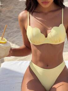 Bikinx Women's Yellow Shell-Shaped Cup Bikini Set With Spaghetti Strap, Back Tie Swimwear, Suitable For Beach Vacation Summer - Yellow - View 3