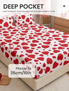 1pc Heart Pattern Fitted Sheet, Mattress Cover, Fitted Sheet, Autumn Bedding, Comfortable Breathable Wrinkle-Resistant, Machine Washable, Twin/Full/Queen/King, Dorm Bedding, All Season, Pillow And Pillowcase Not Included, Bedroom Decor, Autumn Room Decor - Multicolor - View 4