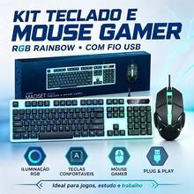 Kit gamer com teclado semi mecânico iluminação rainbow e mouse gamer LED USB com fio para jogos, estudos, trabalho e uso diário no computador ou notebook - Visão 6