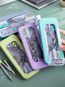 1 Set Math Geometry Drawing Compass & Ruler Set With Macaron Colorful Metal Storage Box, High Transparency Wear-Resistant Acrylic Straight Ruler, Triangle Square, Protractor Full Set, Smooth High Precision Metal Compass With Replacement Lead, Pencil, Eraser Complete Student Drawing Tool, Anti-Drop Lightweight Iron Box Portable Geometry Measurement Kit; Clear Scale, Fade-Resistant, Scratch-Resistant Ruler Material, Multiple Macaron Color Math Stationery Set Suitable For Primary And Middle School Students - Sets - View 1