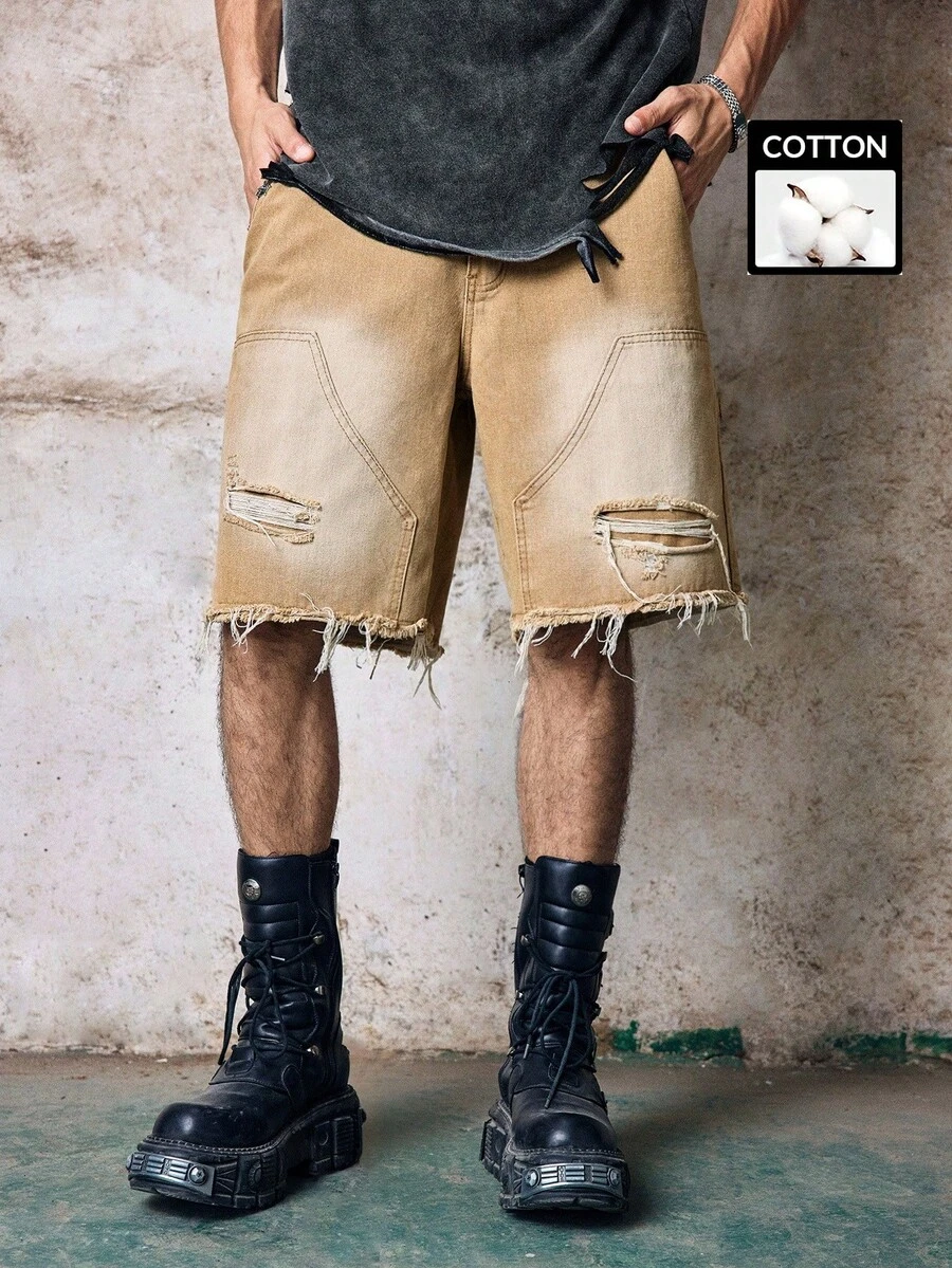 Skyrend Men Distressed Denim Jorts, Side Pocket Fringe Jean Shorts, Gothic Punk Emo Urban Streetwear Casual Going Out Shorts Grunge - Khaki - View 1
