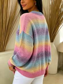 Fashionable Women's Plus Size Long Sleeve Rainbow Sweater, Round Neck Drop Shoulder Knit Pullover, Autumn/Winter Women's Clothing - Multicolor - View 5