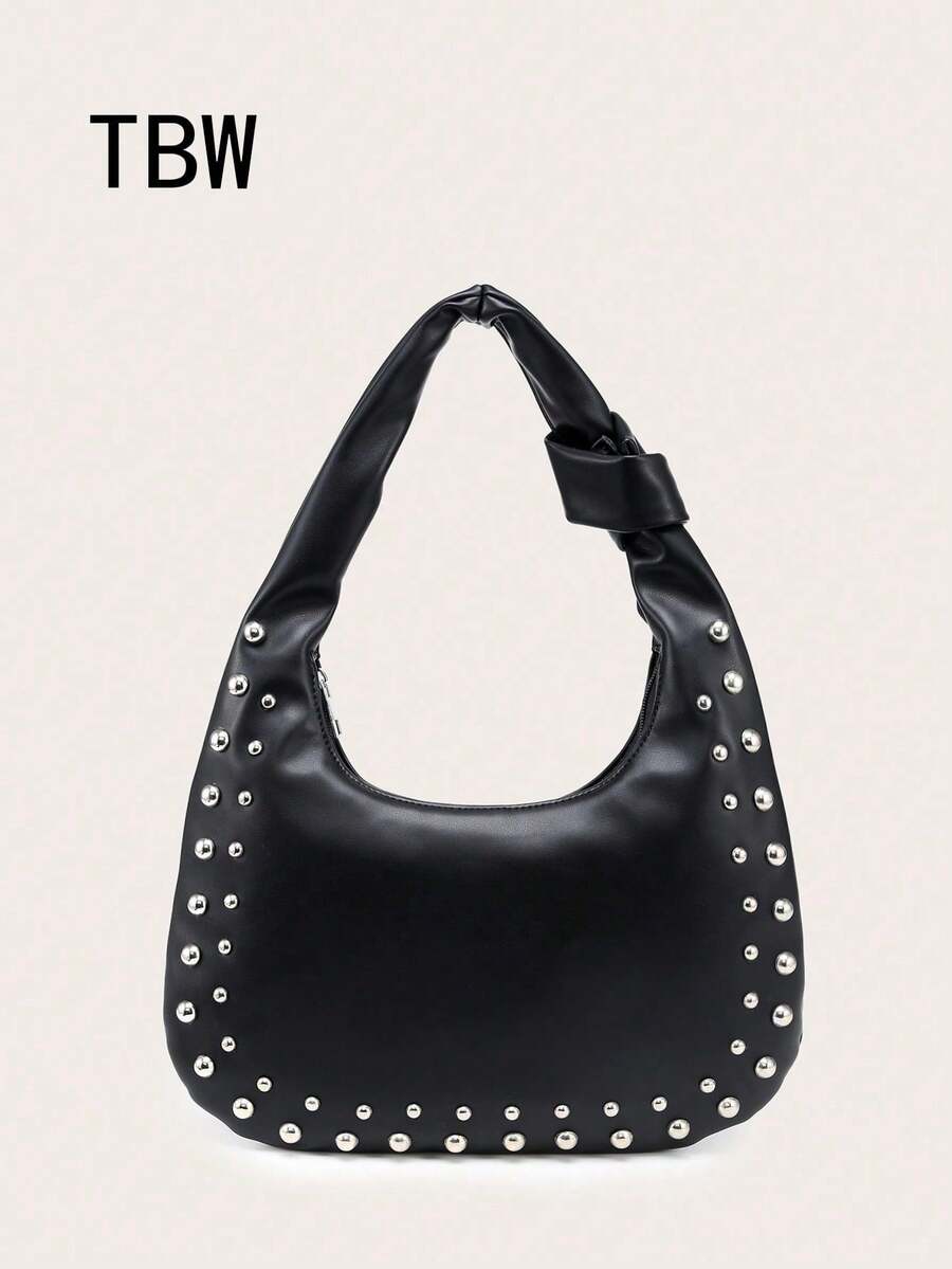 Women's Crescent Shoulder Bag, PU Material, Large Capacity, Stud Decor, Vintage Style, Suitable For Commuting And Outings - Black - View 1