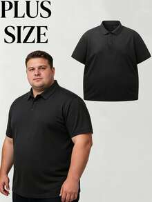 男士大尺碼純色短袖 Polo 衫，半開襟領口，透氣寬鬆商務休閒高爾夫 T 恤，適合高大碼男士 - 黑色 - 查看 1