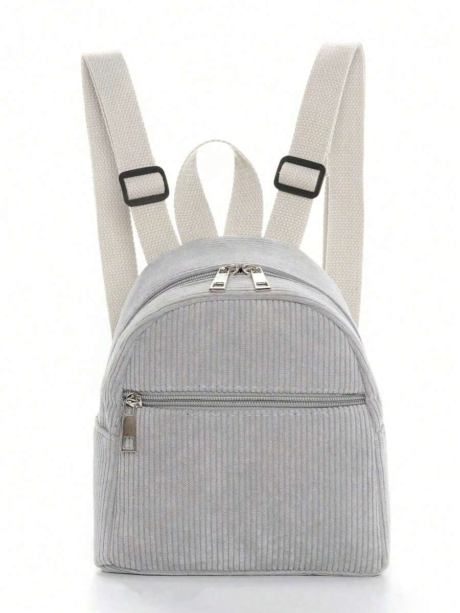 1pc Mini Cute Solid Color Corduroy Backpack, Suitable For Girls, Travel, Vacation, Holiday Gift - Grey - View 1