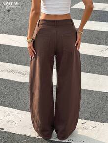 Women's Vintage Brown Wide Leg Jeans, Casual Denim Pants With Zipper And Pockets, Long Design - Coffee Brown - View 5