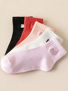 1/5双装 女士黑色、白色、粉色可爱猫咪刺绣弹力腰带舒适柔软休闲、学校、运动袜 - 彩色 - 查看 6