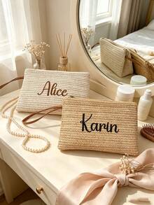 1pc Personalized Straw Handbag, Customized Bohemian Style Zipper Storage Bag With Wrist Strap And Zipper, Bridesmaid Makeup Bag, Summer Beach Vacation Clutch - Multicolor - View 10