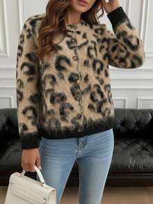 Women's Plush Leopard Print Cardigan, Autumn Long Sleeve Knit Button Sweater - Multicolor - View 3