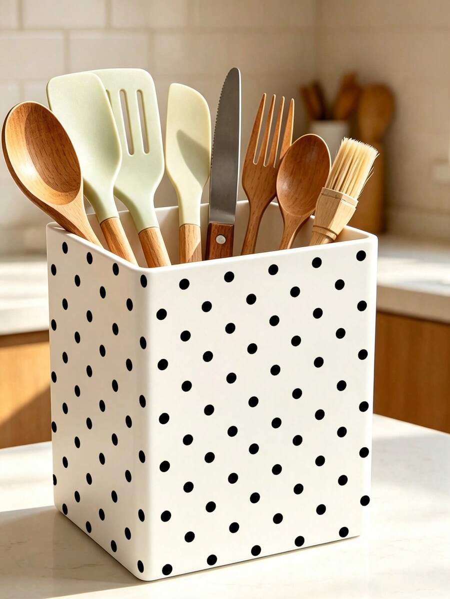 1pc New Black Polka Dot Multifunctional Storage Organizer Box - Tableware Storage Box, Desktop Organizer (Suitable For Storing Tableware, Straws, Tea Bags, Pens, Remote Controls); Compact And Space-Saving, Suitable For Kitchen, Office, Living Room (Please Note The Size Before Ordering) - Multicolor - View 1