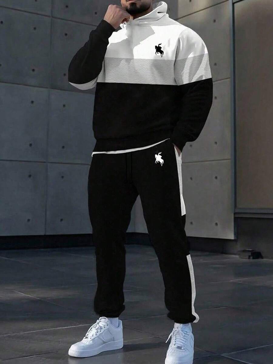 Youth Boy Letter Print Warm Hoodie And Pants Set - Black - View 1
