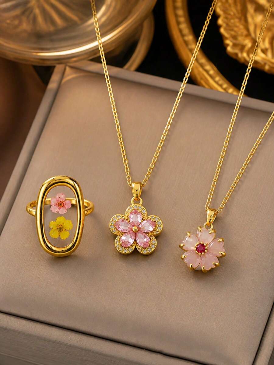 VceTd 2/3PCS Romantic Elegant Floral Pendant Decorated Stainless Steel Women's Jewelry Set Suitable For Daily Wear Or Vacation Or Holiday Gift - Yellow Gold - View 1