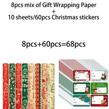 34/68/106pcs Christmas Gift Wrapping Paper(Includes Stickers), Cute Santa Claus Christmas Hat Christmas Snowman Wrapping Paper,Various Patterns - Style E - View 10