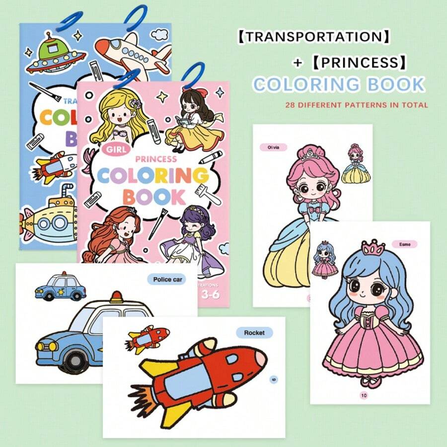 1pc Children's Coloring Book Set, Princess And Transportation Themed Books, Suitable For 3-6 Years Old Kids, Portable Preschool Coloring Activity Book, Perfect For Road Trips And Birthday Gifts, Suitable For Boys And Girls - Multicolor - View 1