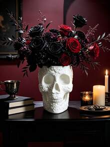 1pc Gothic Floral Embossed Skull Shaped Vase, Multi-Functional Makeup Brush & Pen Holder, Halloween Home Decor Desktop Ornament - Patterned Skull - View 2