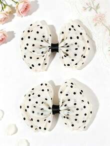 2Pcs Large Polka Dot Sheer Bow Hair Clips, Elegant Girls Hair Barrettes, Minimalist Summer Hair Accessories For Daily & Party Wear - Multicolor - View 3