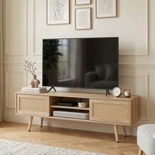 Wicker TV Cabinet With Double Sliding Doors, Storage Space, Adjustable Shelves And Solid Wood Legs. TV Cabinet For The Living Room, Natural Wood Look - H45/W1400/D40 Cm, 140 X 45 X 40 Cm - Multicolor - View 11