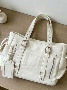 Metal Buckle Pendant Decor, Large Capacity Storage With Zipper Closure, Suitable For Daily Commute And Travel, Can Be Paired With Shoulder Strap For Multiple Carrying Styles, Casual Accessory Bag, Fits Various Outfit Styles Fashion Tote Bag - White - View 5