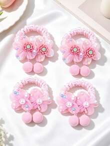 4pcs Girls Pink Flower Pom Pom Pendant Cute Hair Ties Suitable For Daily Use - Multicolor - View 9