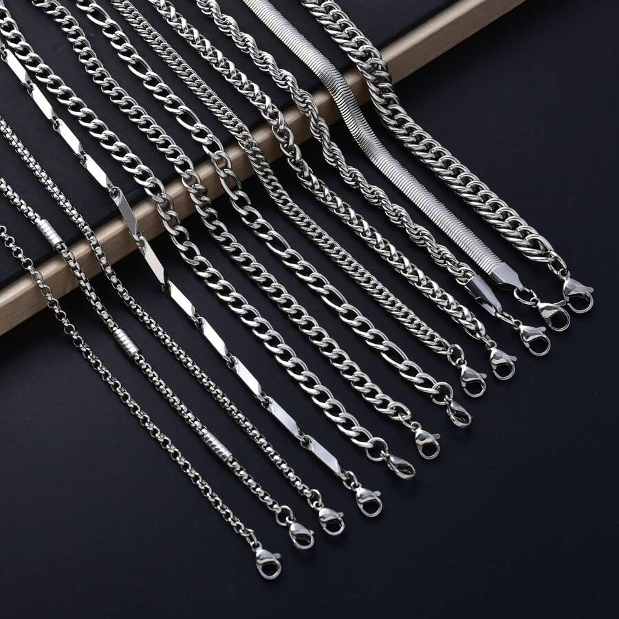 12pcs Simple Classic Stainless Steel Stacked Silver Combination Bracelets, Suitable Both Men Women, Suitable Daily Party Wear, Jewelry Friends Lovers - Silver - View 1