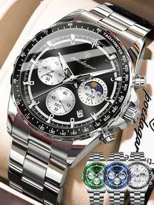 1pc Men's Business Stainless Steel Waterproof Luminous Date Quartz Watch, Chronograph Dial, Suitable For Daily And Work Occasions, Men's Gift - one-size - View 13