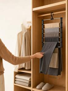 6-Tier Stainless Steel Folding Pants Rack, Skirt Rack Set, Space-Saving Multi-Layer Clothing Storage Rack, Suitable For Wardrobes And Cabinets, Can Store Jeans, Skirts, Etc., Metal Structure, Efficient Closet Storage - Silver - View 1