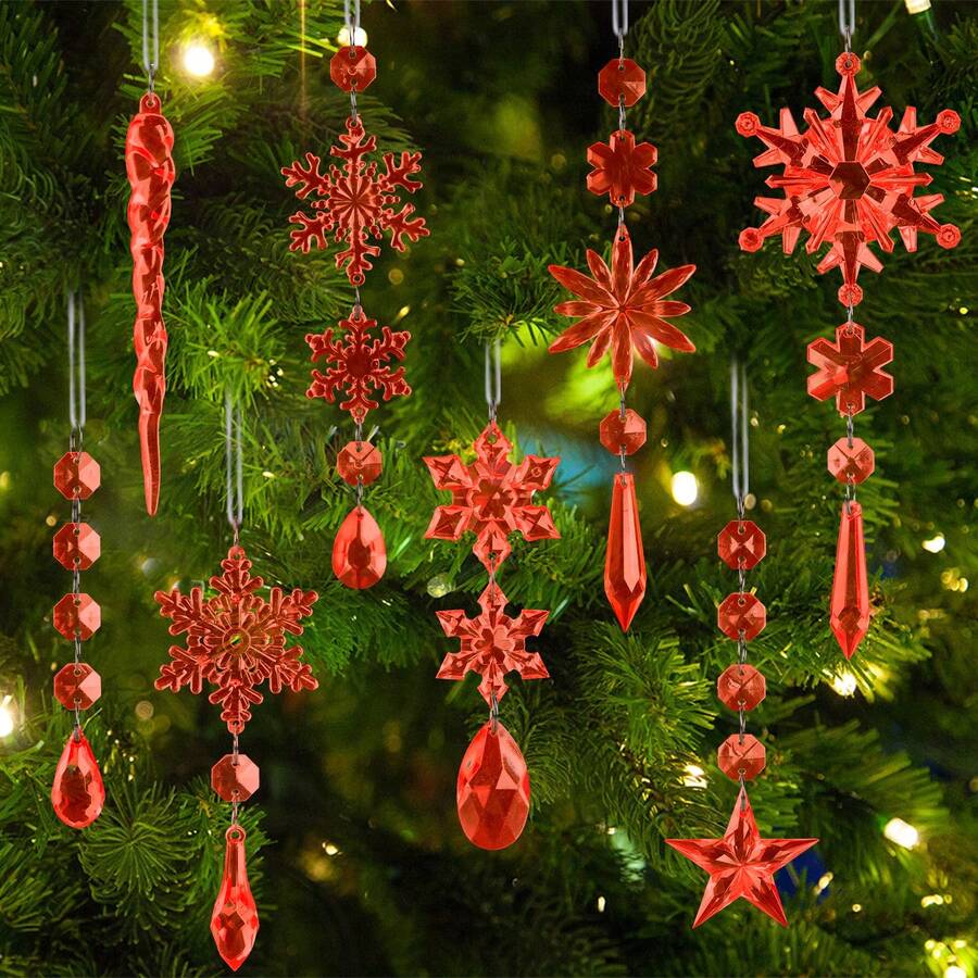 10pcs Random Red Christmas Hanging Ornaments, Snowflake Star Icicle Water Drop Pendants, Shatterproof Christmas Tree Decorations With Rope, Winter Window Wreath Party Decor, Random Style Shipped - Multi-color-a - View 1