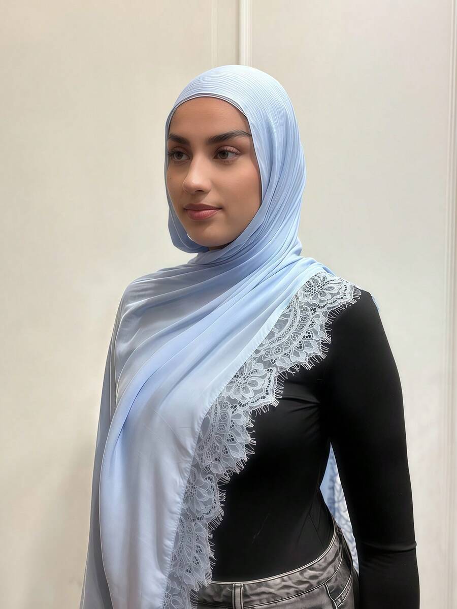 1件女款優雅蕾絲飾邊輕量莫代爾寬長方形頭巾,經典禱告披肩希賈布,舒適透氣輕量莫代爾面料,高級耐用寬邊莫代爾希賈布,適合節慶、日常穿著與旅行 - 淺藍色 - 查看 1