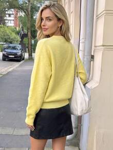 Nicenter Women's Fall Winter Yellow Wool Blend Drop Shoulder Long Sleeve Button Front Ribbed Trim Cardigan Sweater, Casual Simple For Office Daily Home Date - Yellow - View 2
