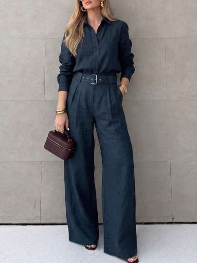 Ensemble 2 pièces en faux lin bleu marine, chemise à manches longues boutonnée & pantalon large taille haute avec ceinture, ensemble élégant pour femmes pour le bureau, le quotidien et les tenues décontractées