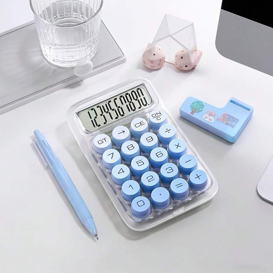 Transparent White Base Blue Round Key Portable Calculator, Fresh Solid Color Keycaps Versatile Design, Responsive Tactile Buttons Smooth Operation, All-Match Calculation Fully Covered, Dormitory Workplace Daily Office Math Tool - A - View 1