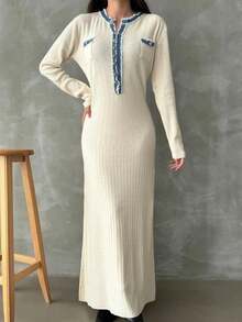 Women's Denim And Button Detailed Stylish Dress - Beige - View 1