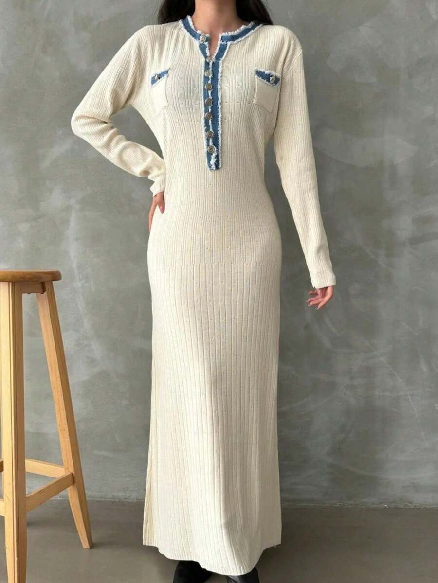 Women's Denim And Button Detailed Stylish Dress - Beige - View 1