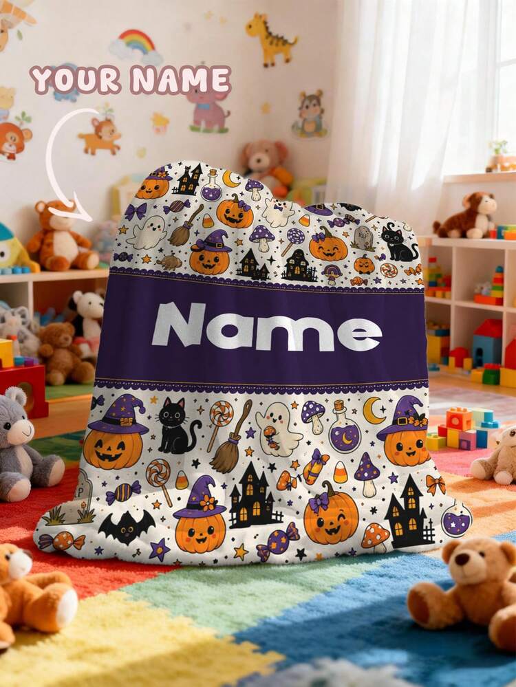 1pc Customizable Text Family Blanket, Halloween, Pumpkin, Ghost Pattern, Suitable For Girls, Boys, Adults, Baby Blankets, Personalized Fleece Blanket, Personalized Photo Blanket, Personalized Throw Blanket, Personalized Baby Blanket, Newborn Blanket, Suitable For Mother's Day, Birthday, Children's Day, Father's Day, Graduation, Wedding, Christmas, Halloween, Suitable For Home Sofa, Bed, Car, Bedroom, Living Room, Sofa Blanket, Carpet, Children's Blanket, Memorial Blanket - Multicolor - View 2