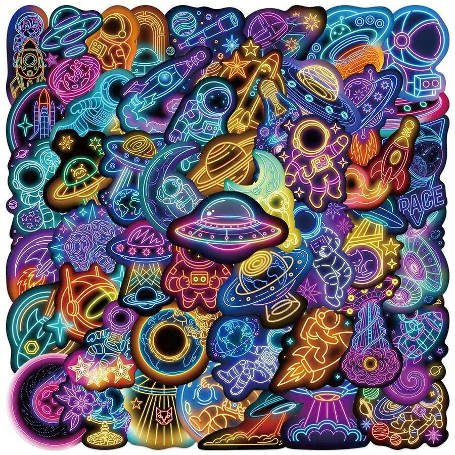 50pcs Cartoon Neon Astronaut Stickers, Fun Space Aesthetic Sticker Pack, Planet Stickers, Scrapbook Stickers, Planner Stickers, Large Capacity Vinyl Waterproof Stickers For Water Bottles, Computers, Laptops, Phones, Luggage, Notebooks, Refrigerators